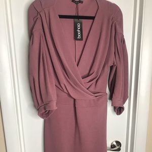 Nude off the shoulder wrap dress